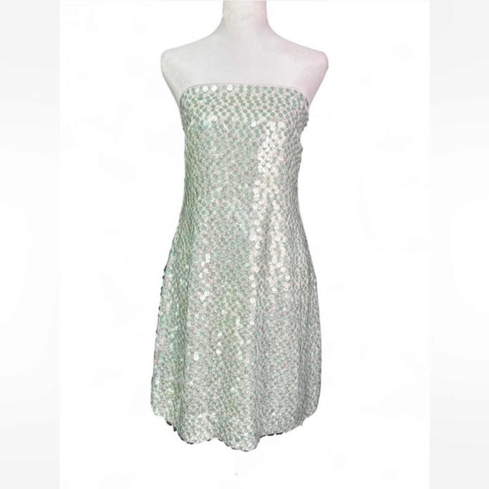 Susana Monaco celadon dot sequin strapless mini dress